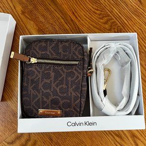 Calvin Klein Dark Brown Monogram Crossbody Bag with Gold Hardware
